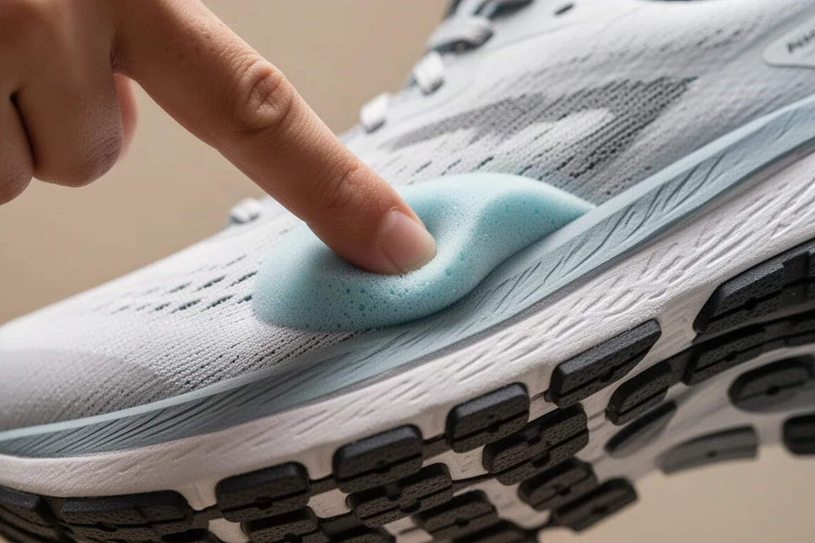 Close-up of running shoe midsole foam being pressed by a thumb
