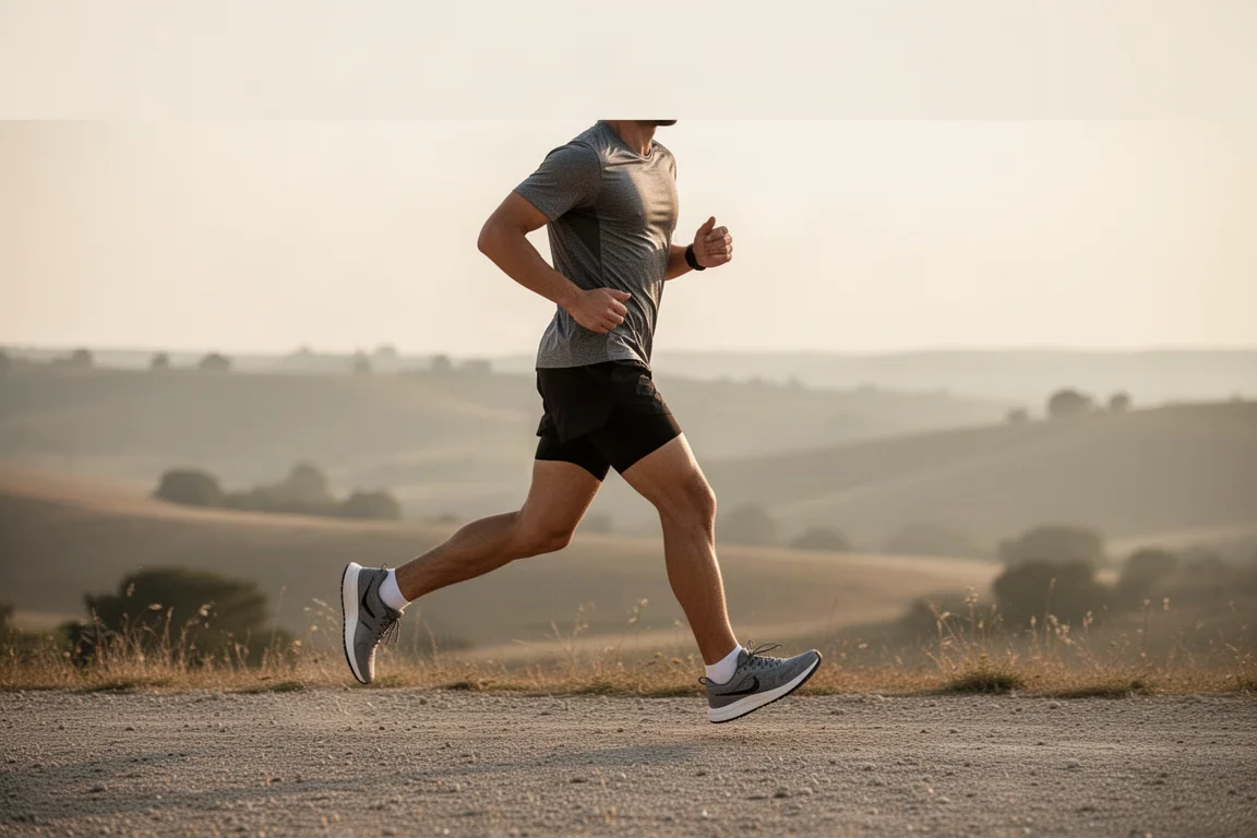 Runner settling into a long comfortable easy run on a gravel path