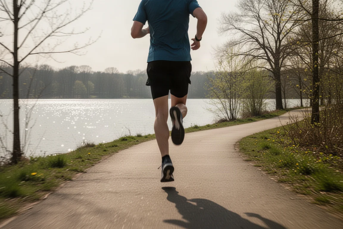 Hardloper joggt in rustig tempo langs een meerpad in de ochtend