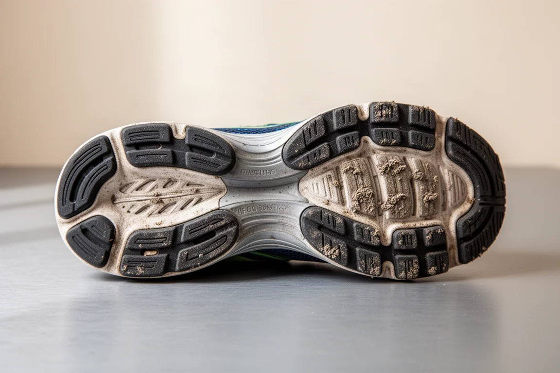 Versleten rubbervlak van de buitenzool van een hardloopschoen bij zacht licht