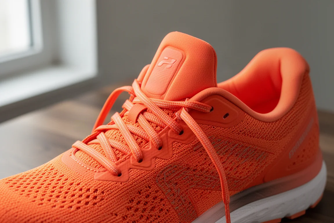 Dettaglio ravvicinato della scarpa da running con tomaia intrecciata e lingua imbottita