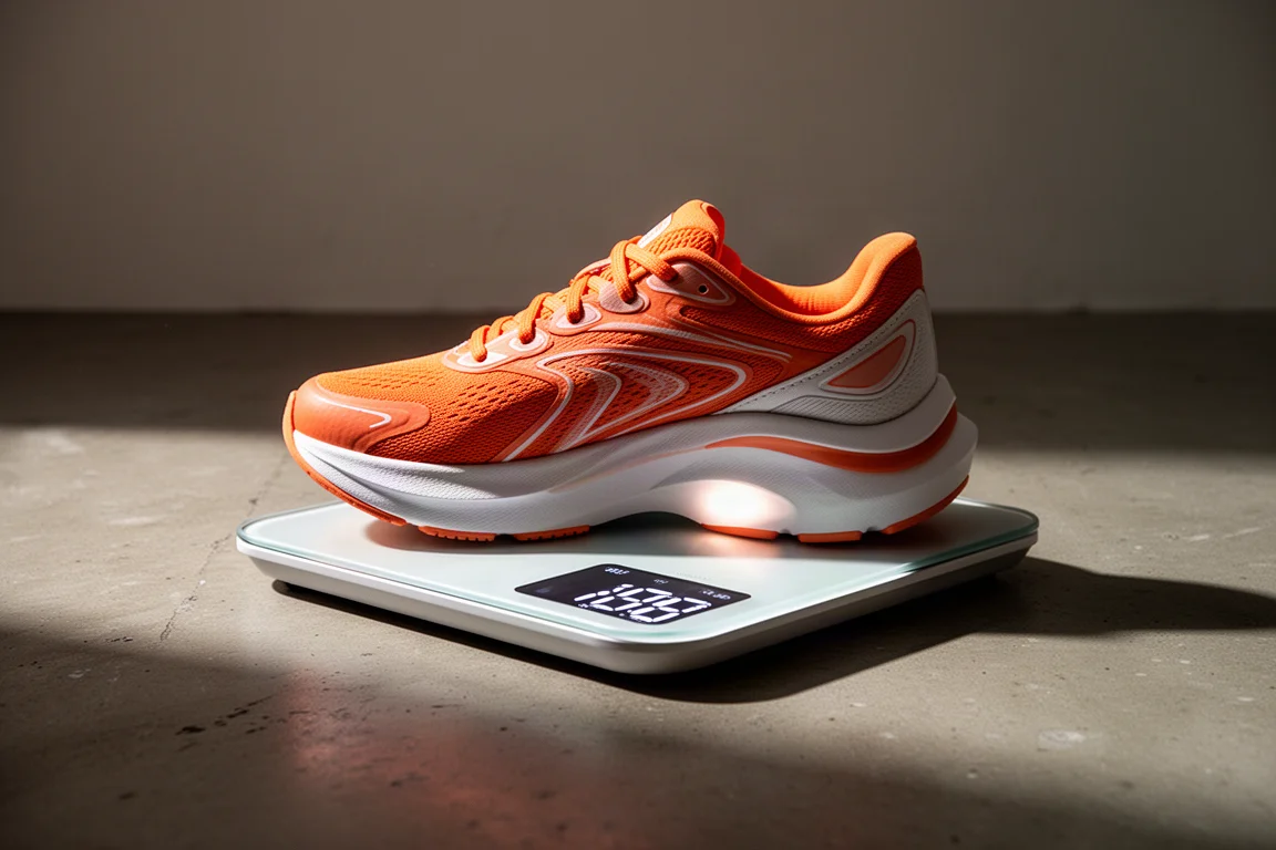 Scarpa da running appoggiata su una bilancia da bagno che ne mostra il peso