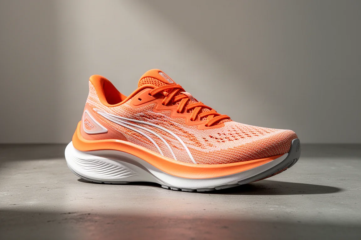 Nike Zoomfly 5 running shoe in orange on a concrete surface