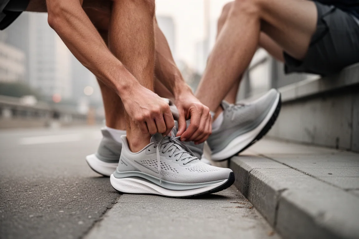 Runner striding along an urban path in early morning light