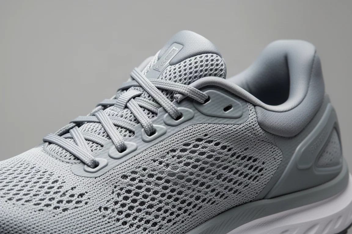 Close-up of a running shoe upper showing woven mesh texture