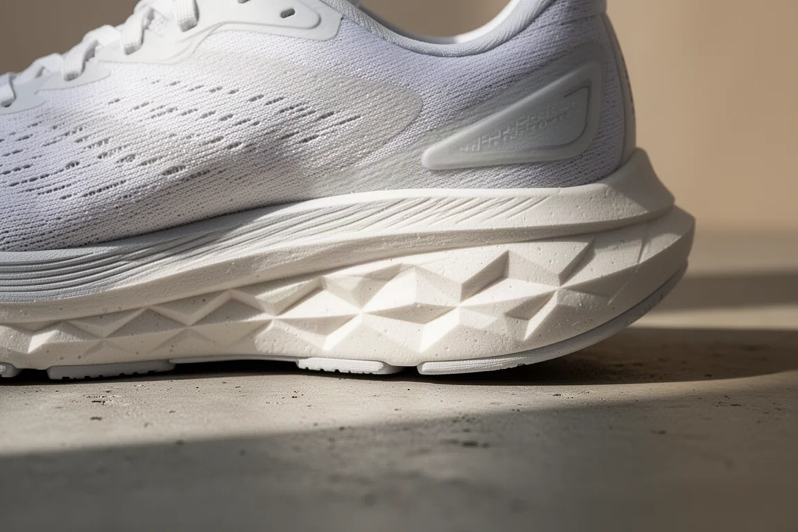 Zbliżenie na midsole lekkiego buta do biegania na neutralnym tle