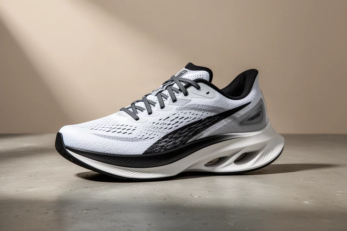 Plated running shoe shown at a three-quarter angle on a concrete surface
