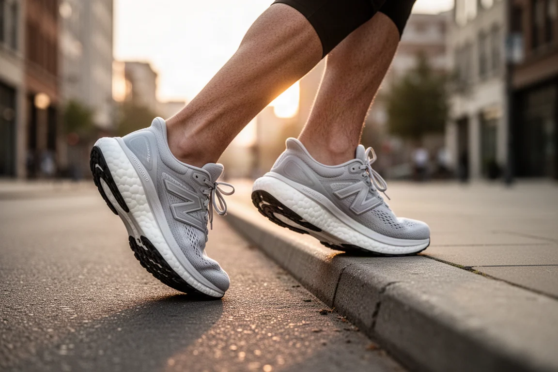 Läufer schnürt einen stark gedämpften Laufschuh auf einer ruhigen städtischen Strasse