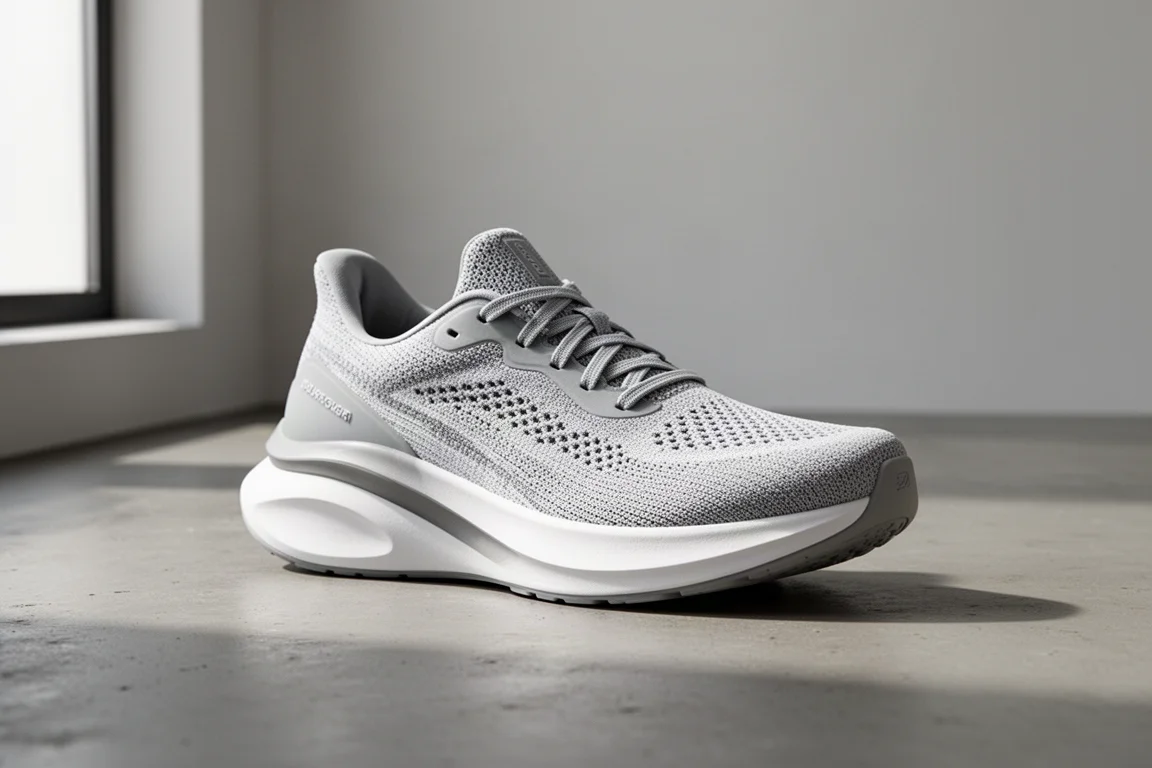 Max-cushion running shoe with thick foam midsole on a concrete surface