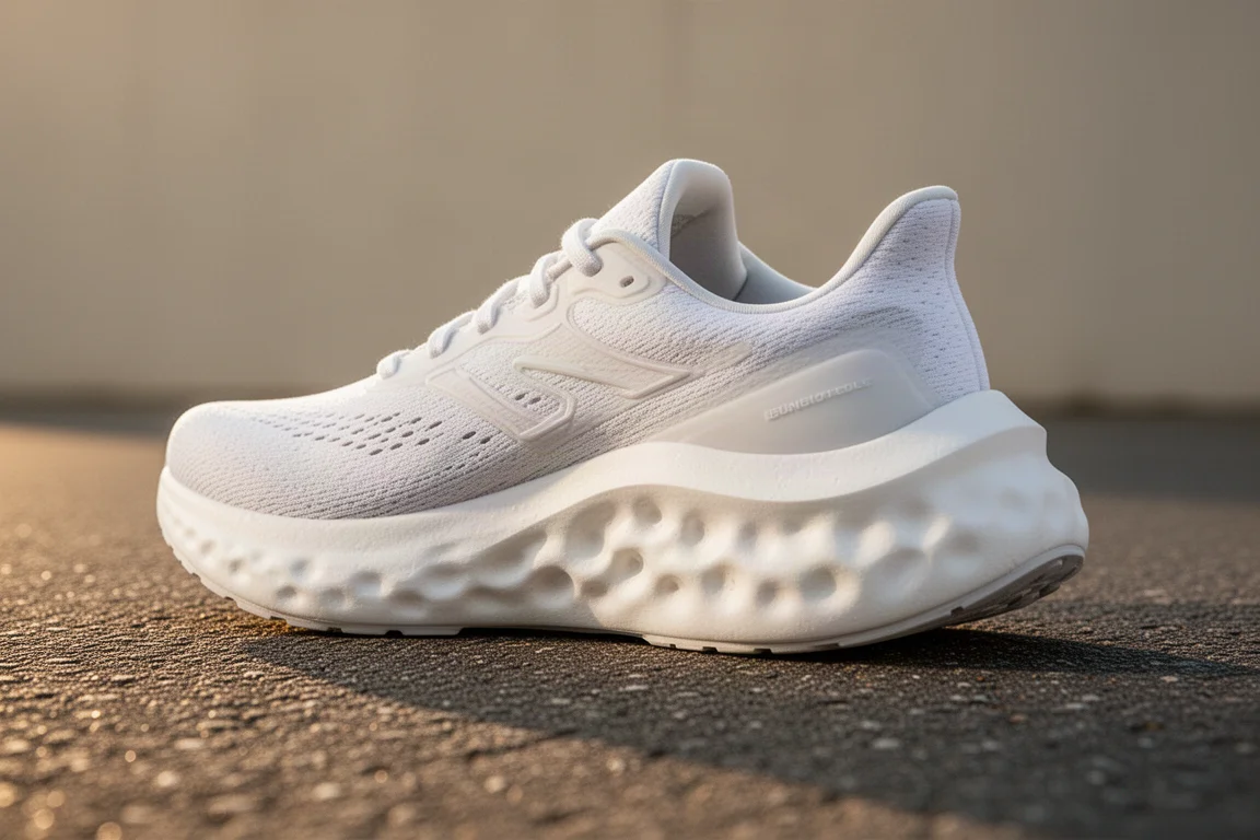 Gruba biała piana w midsole buta do biegania uginająca się na nasłonecznionej drodze