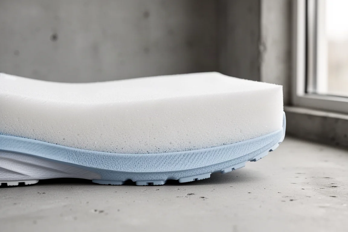 Gros plan d'un épais bloc de mousse blanche de semelle intermédiaire sur une surface neutre
