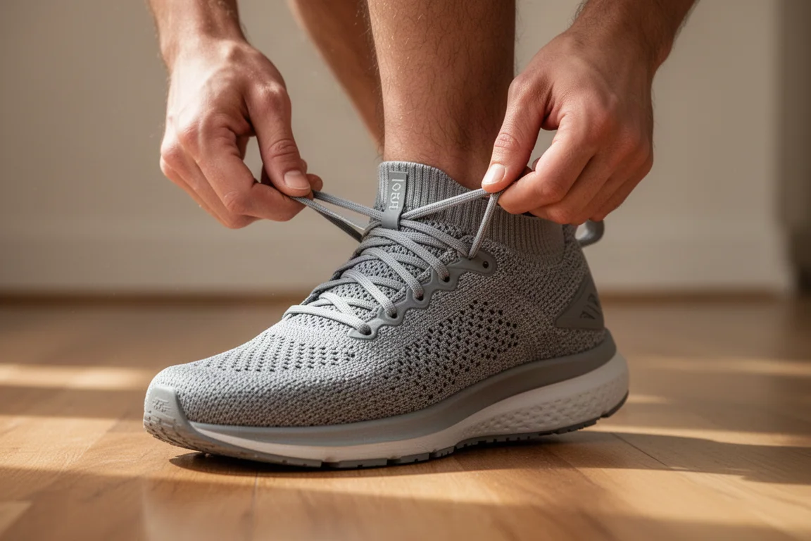 Coureur ajustant les lacets dans les œillets supérieurs d'une chaussure de running