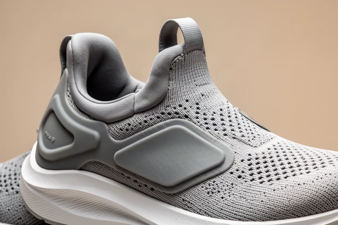 Embase en maille grise d'une chaussure de running avec détails réfléchissants sur l'avant-pied sous une lumière douce de studio