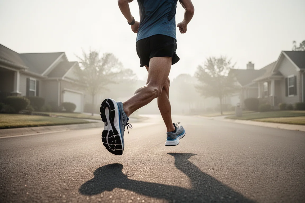 Coureur lors d'une sortie facile sur route tôt le matin dans une lumière douce