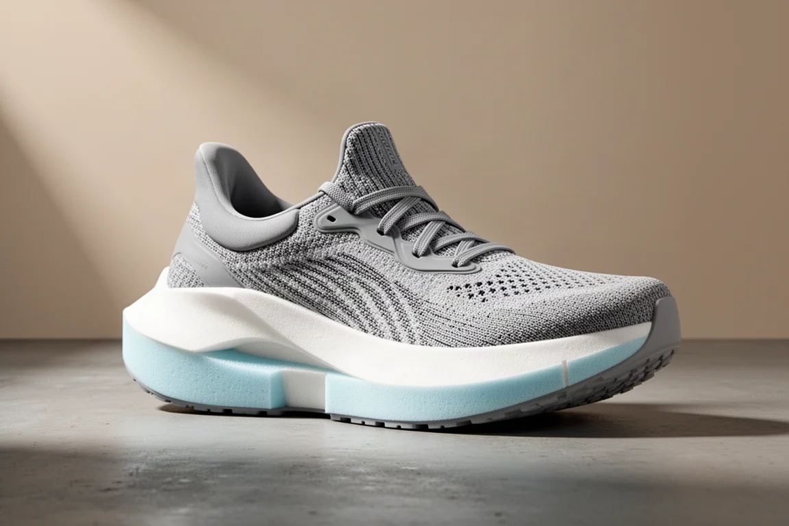 Pair of off-white max-cushion running shoes on a matte concrete surface