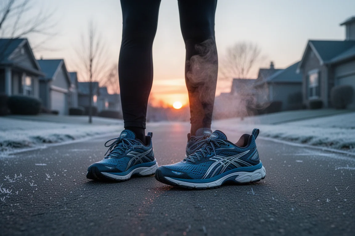 Runner in max-cushion shoes standing on a frosty street at sunrise