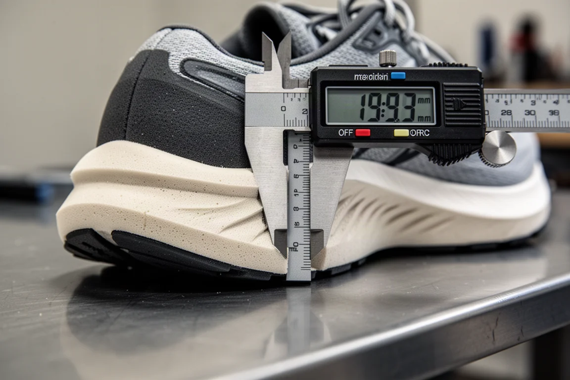 Caliper measuring the heel width of a running shoe midsole