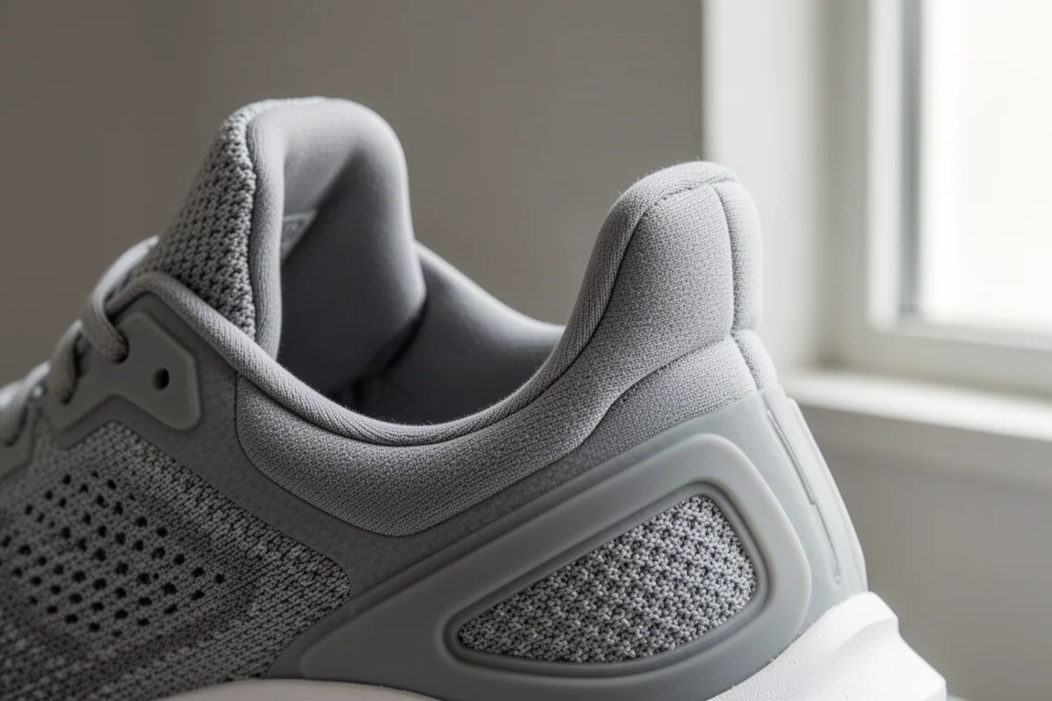 Close-up of a running shoe heel counter showing padding and inner lining