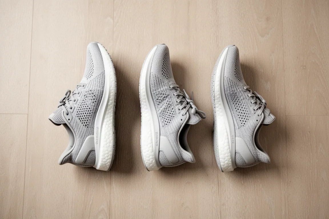 Three pairs of running shoes arranged on a wooden floor for comparison