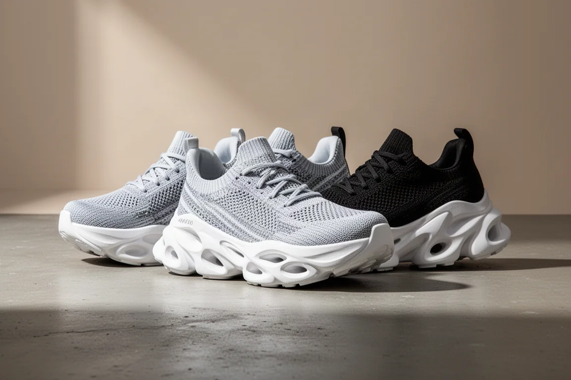 Three versions of a thick-soled running shoe lined up on a concrete surface