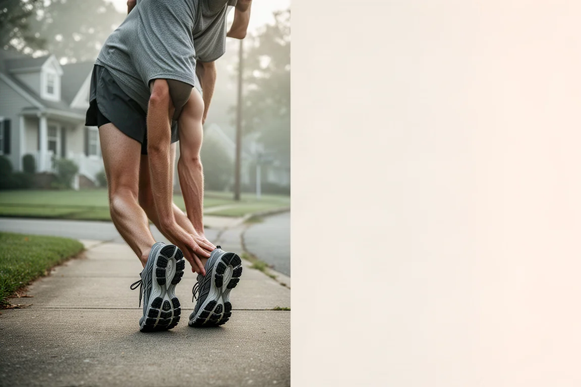 Coureur s'étirant sur une route de banlieue calme dans une douce lumière de fin de nuit