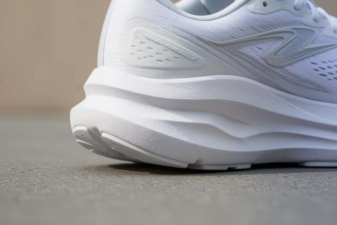 Gros plan sur une semelle intermédiaire épaisse et moelleuse de chaussure de running qui se comprime sur le bitume