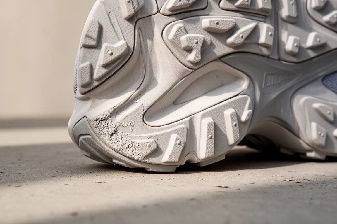 Talon d'une chaussure de running montrant l'usure de la semelle en caoutchouc après 100 miles