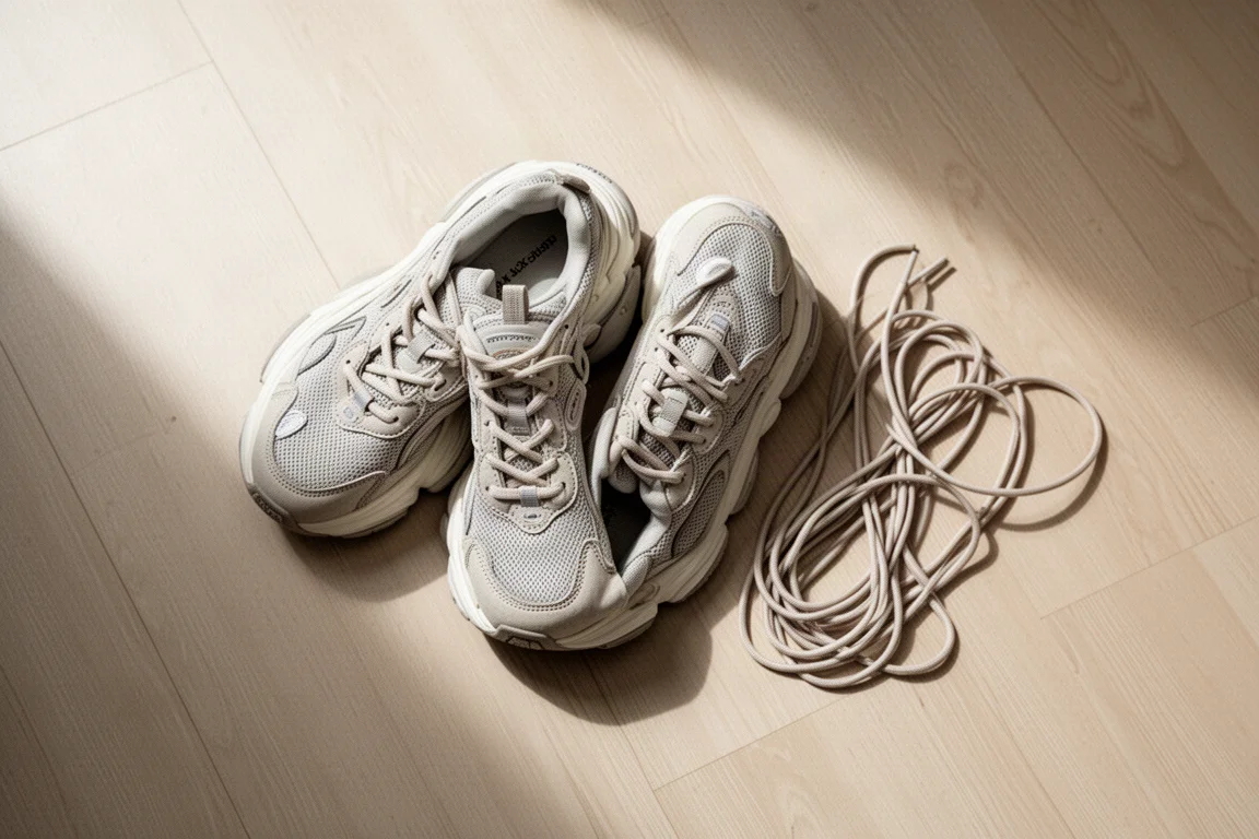 Chaussures de running et détails du laçage sur un parquet en bois sous une lumière naturelle