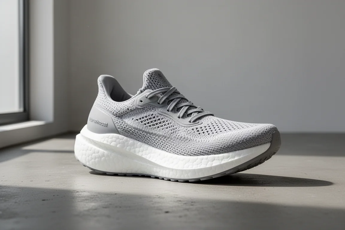 Max-cushion knit running shoe on a concrete surface in soft light