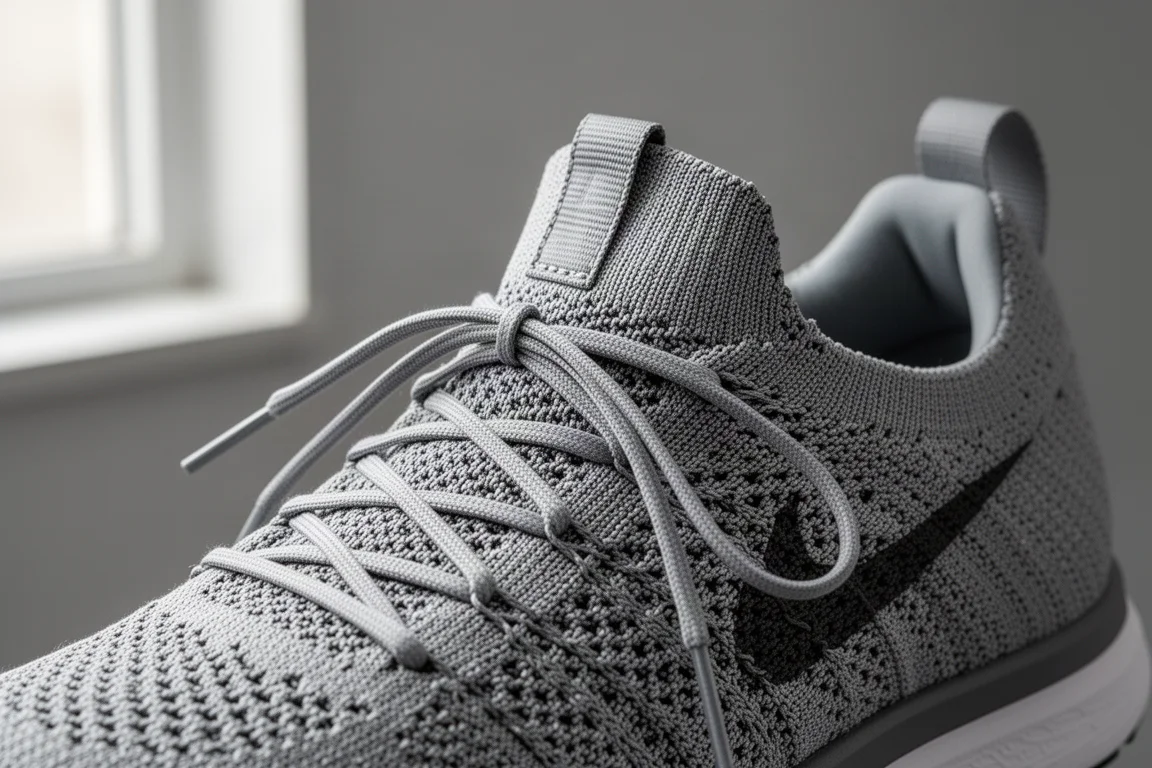 Dettaglio della tomaia in maglia di una scarpa da running con lacci piatti e linguetta sul tallone