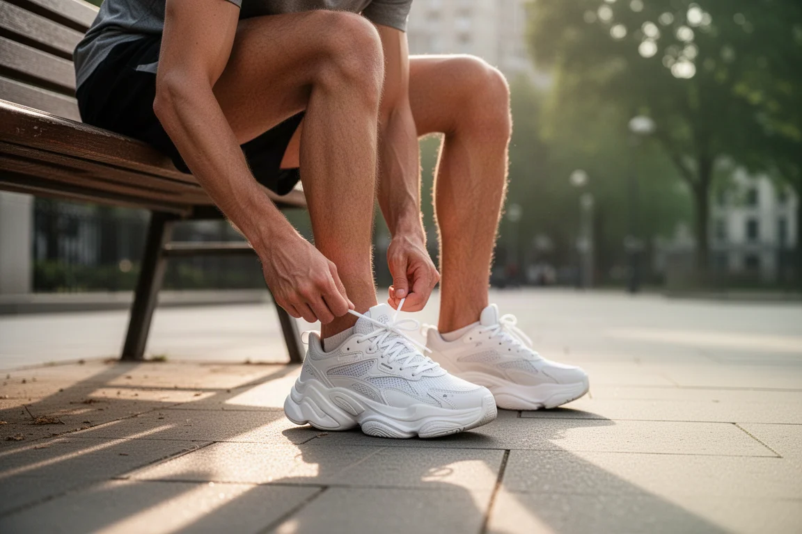 Un corridore allaccia i lacci di una scarpa da running imbottita prima di una corsa leggera