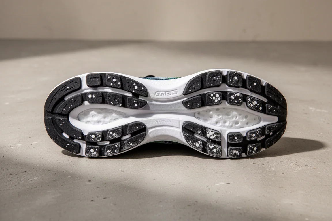 Suola esterna di una scarpa da running con tacchi di gomma consumati e segni di usura puntinati