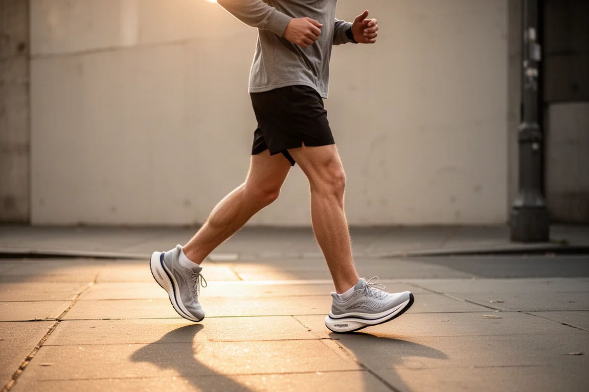 Un corridore cammina su un marciapiede cittadino con scarpe da running imbottite da uso quotidiano