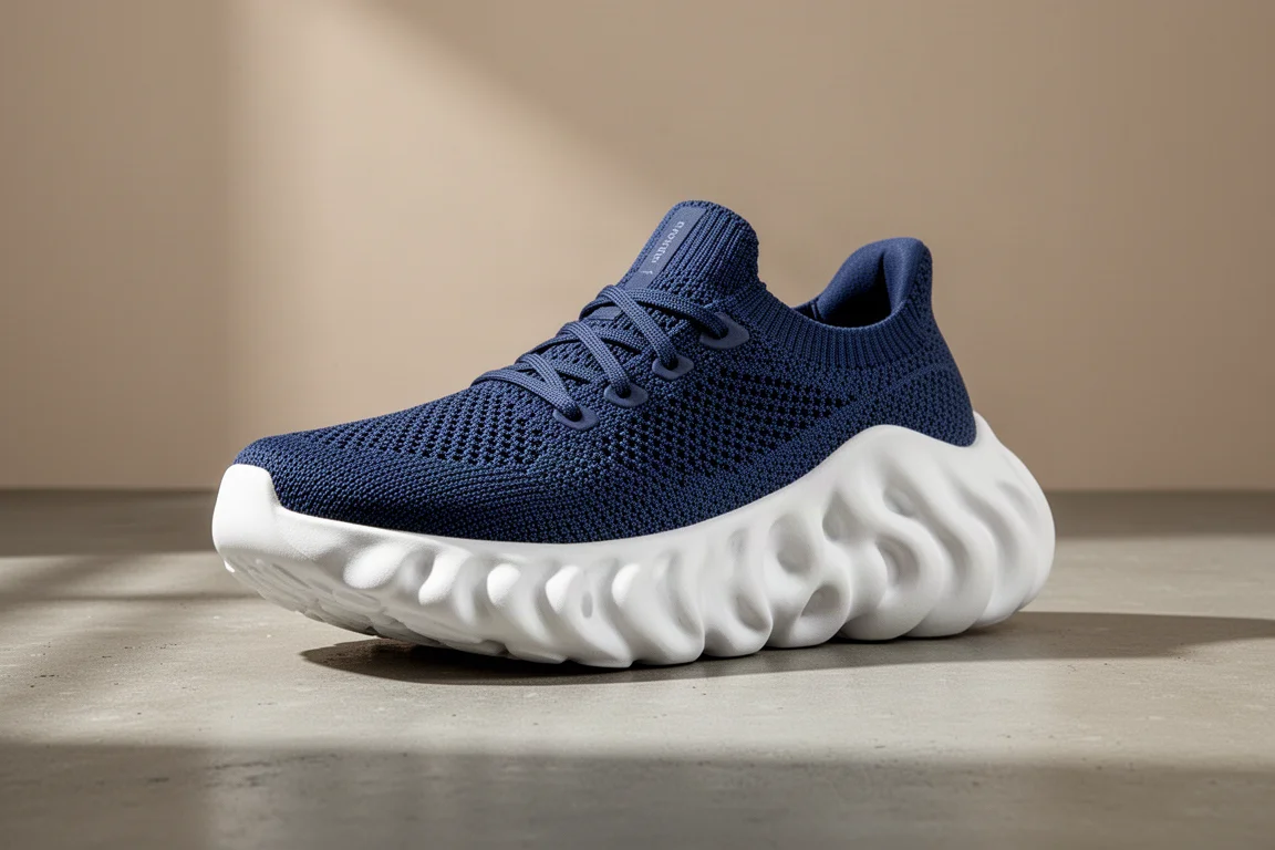 Max-cushion running shoe with knitted upper and thick white foam midsole on concrete