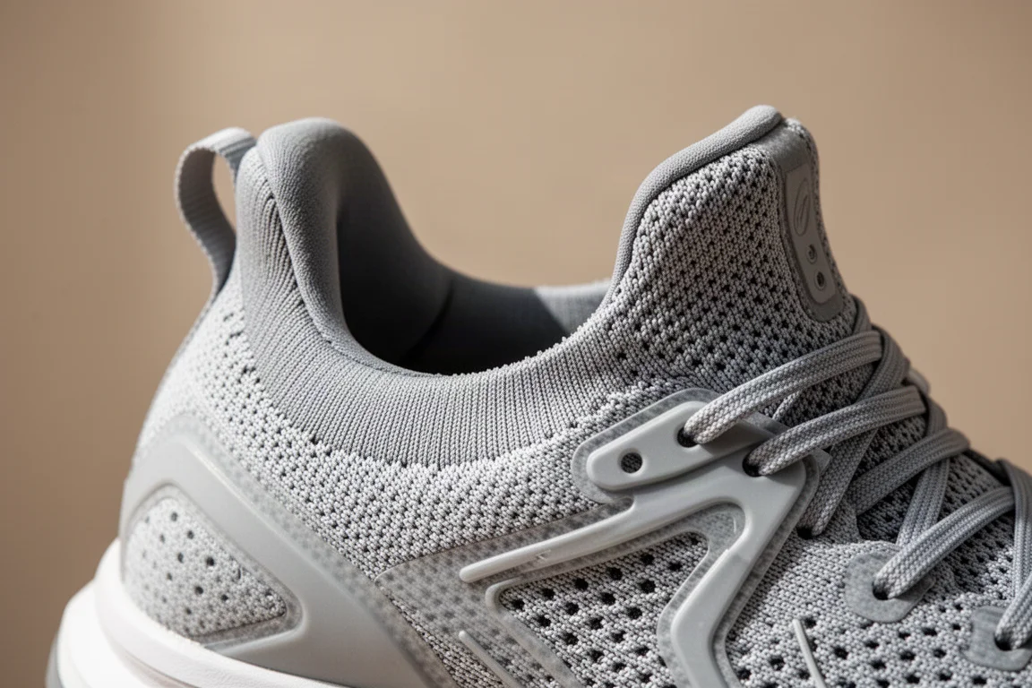 Primo piano del collarino del tallone di una scarpa da running con il contro-tallone interno