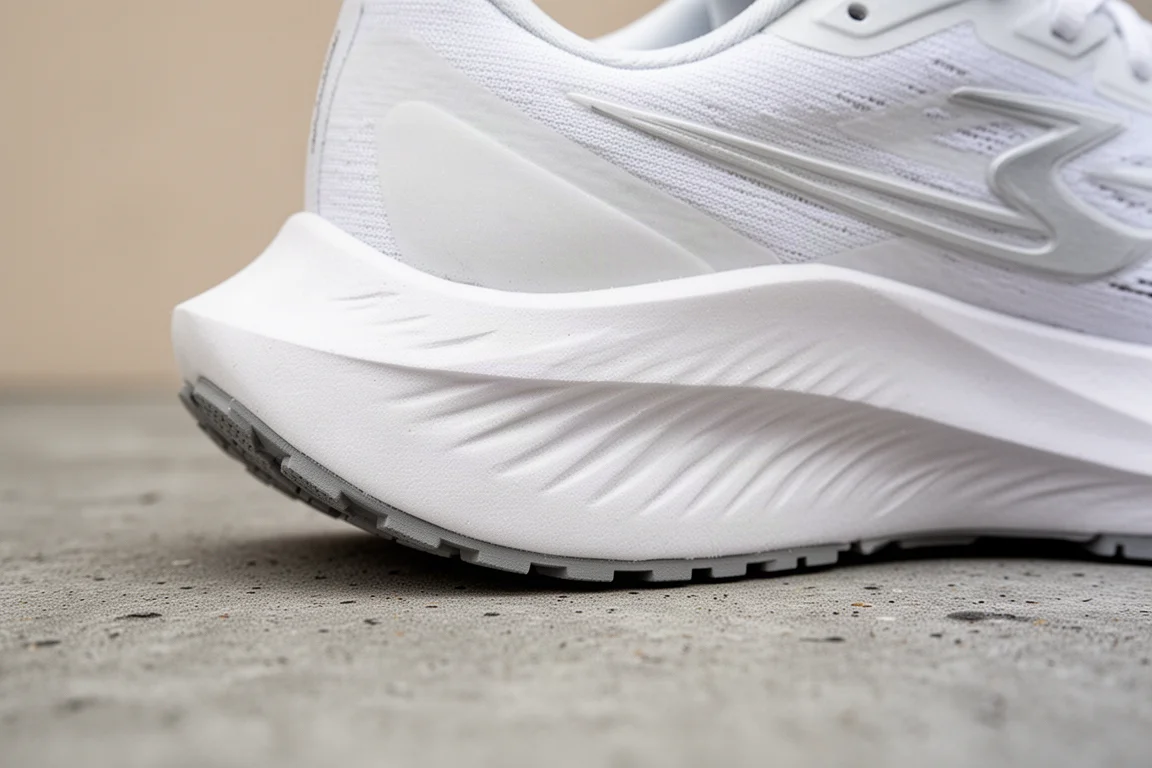 Primo piano della schiuma della suola intermedia con pieghe su una scarpa da running ammortizzata