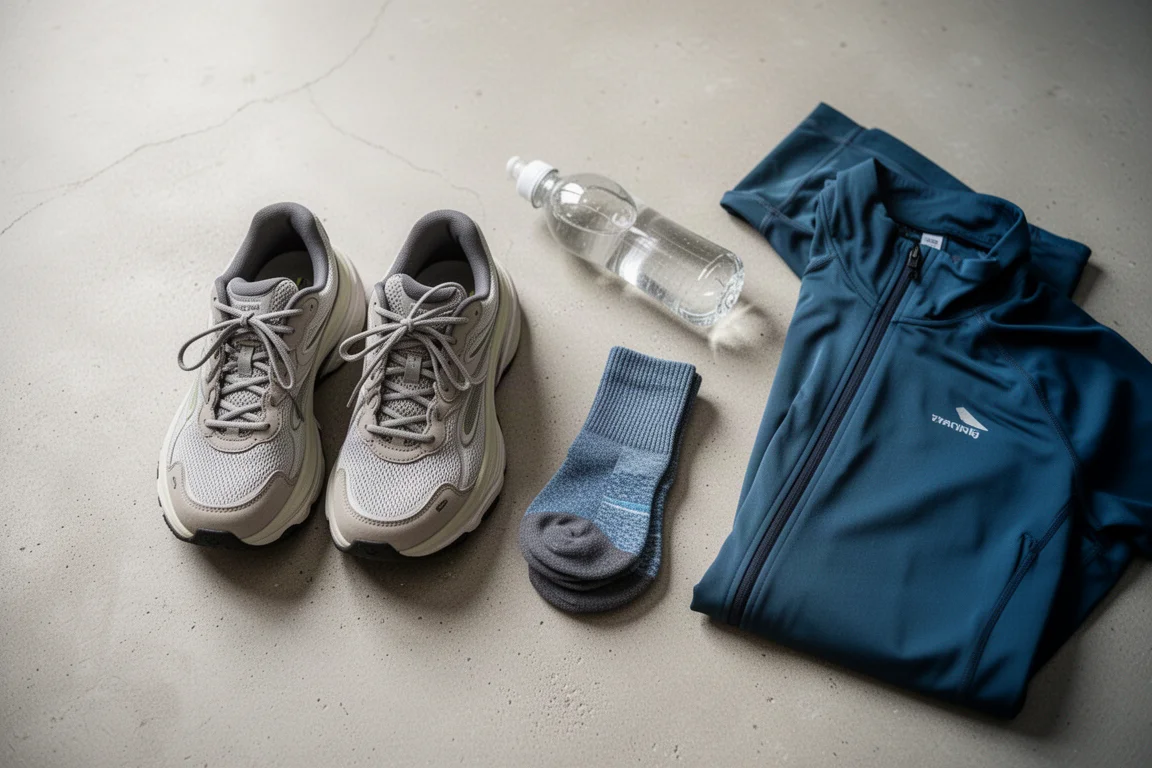 Composizione di attrezzatura da running con scarpe ammortizzate accanto a una borraccia