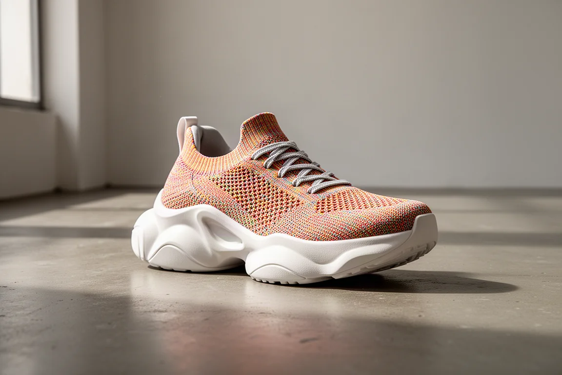 Max-cushion running shoe with knit upper and thick white midsole on concrete floor