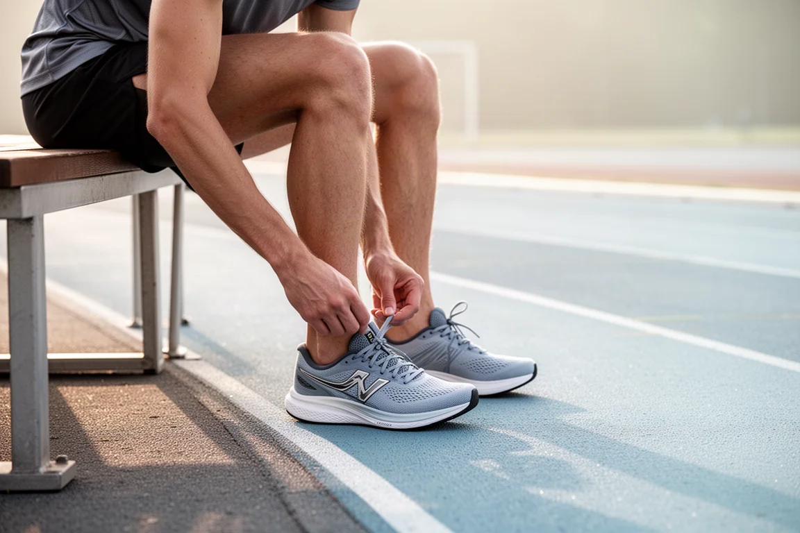 Coureur lacant des chaussures de compétition légères sur un banc au bord de la piste