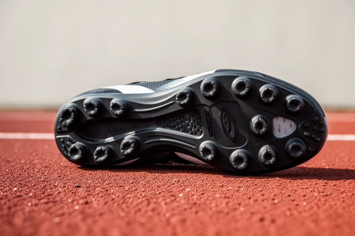 Semelle extérieure d'une chaussure de compétition avec crampons durs posée sur une piste de course