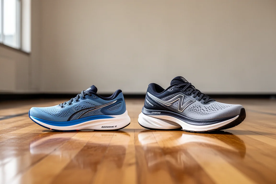 Deux chaussures de running côte à côte sur le sol d'une salle après une longue sortie