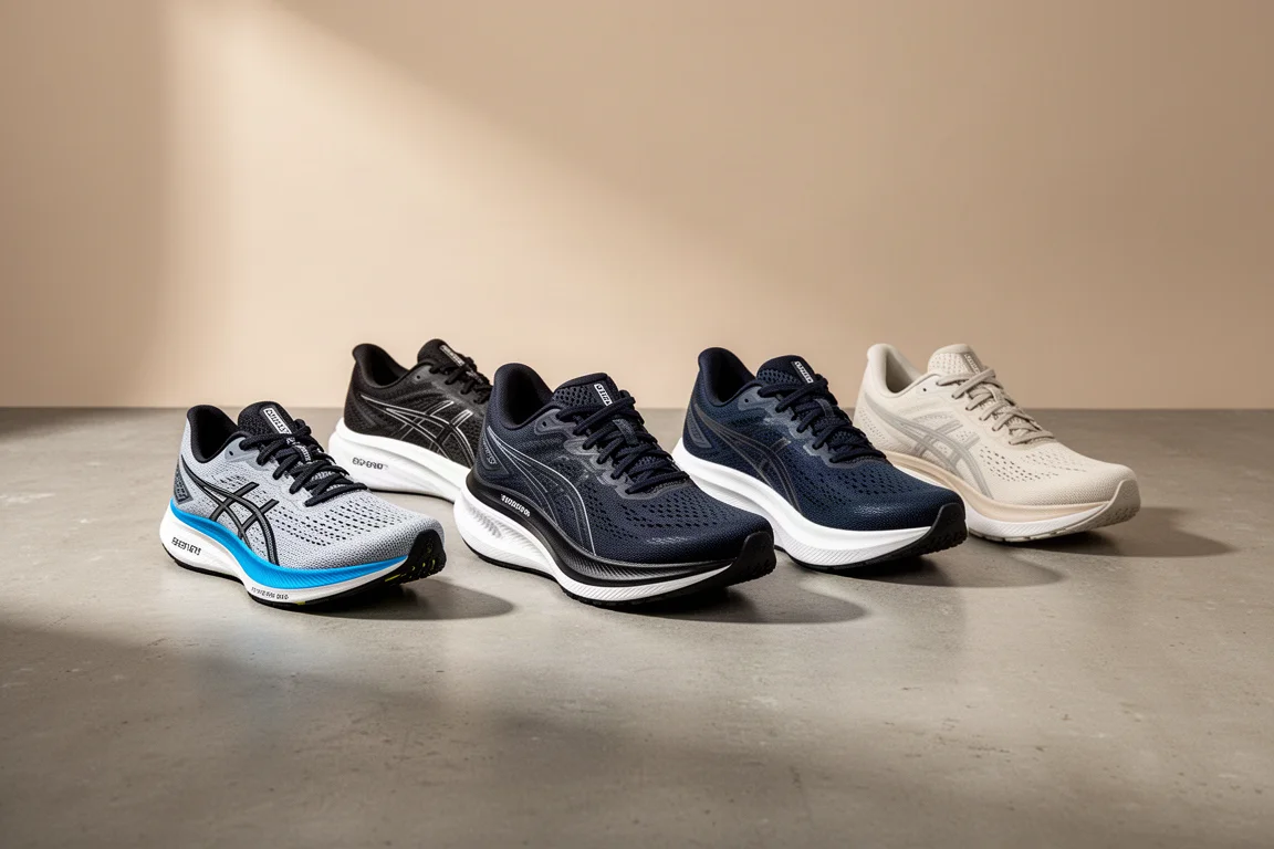 Five different running shoes arranged in a fan on a concrete surface