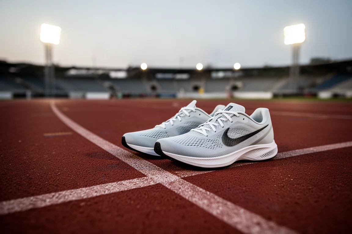 Biegacz wiążący lekkie buty wyścigowe obok bieżni lekkoatletycznej