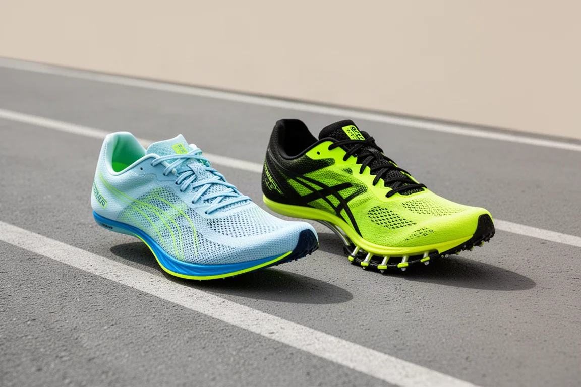 Nike ZoomX Streakfly and Adidas Takumi Sen 8 racing shoes side by side on a track