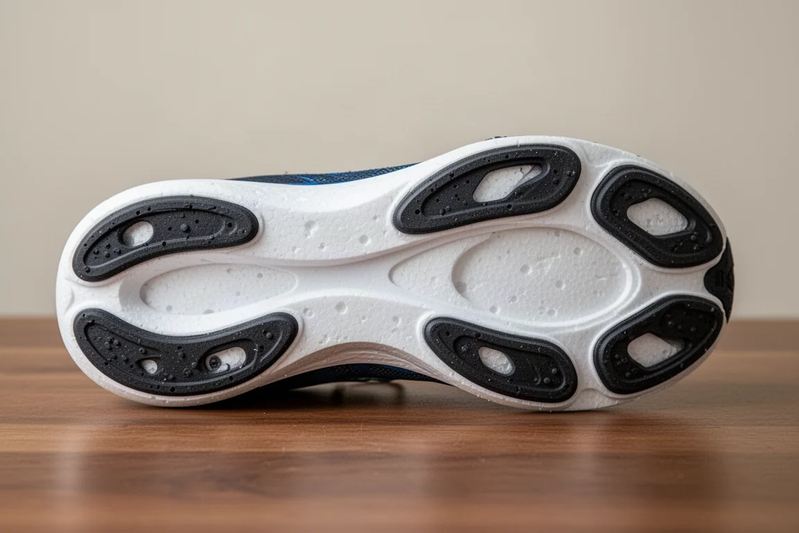 Primo piano della suola di una scarpa da corsa con dettaglio della gomma sul midsole a vista