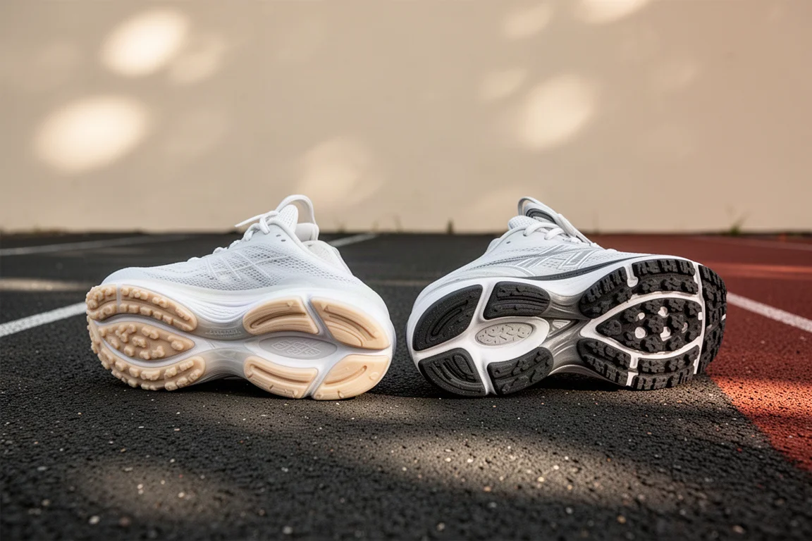 Due scarpe da corsa affiancate su una pista mostrano gomme delle suole diverse