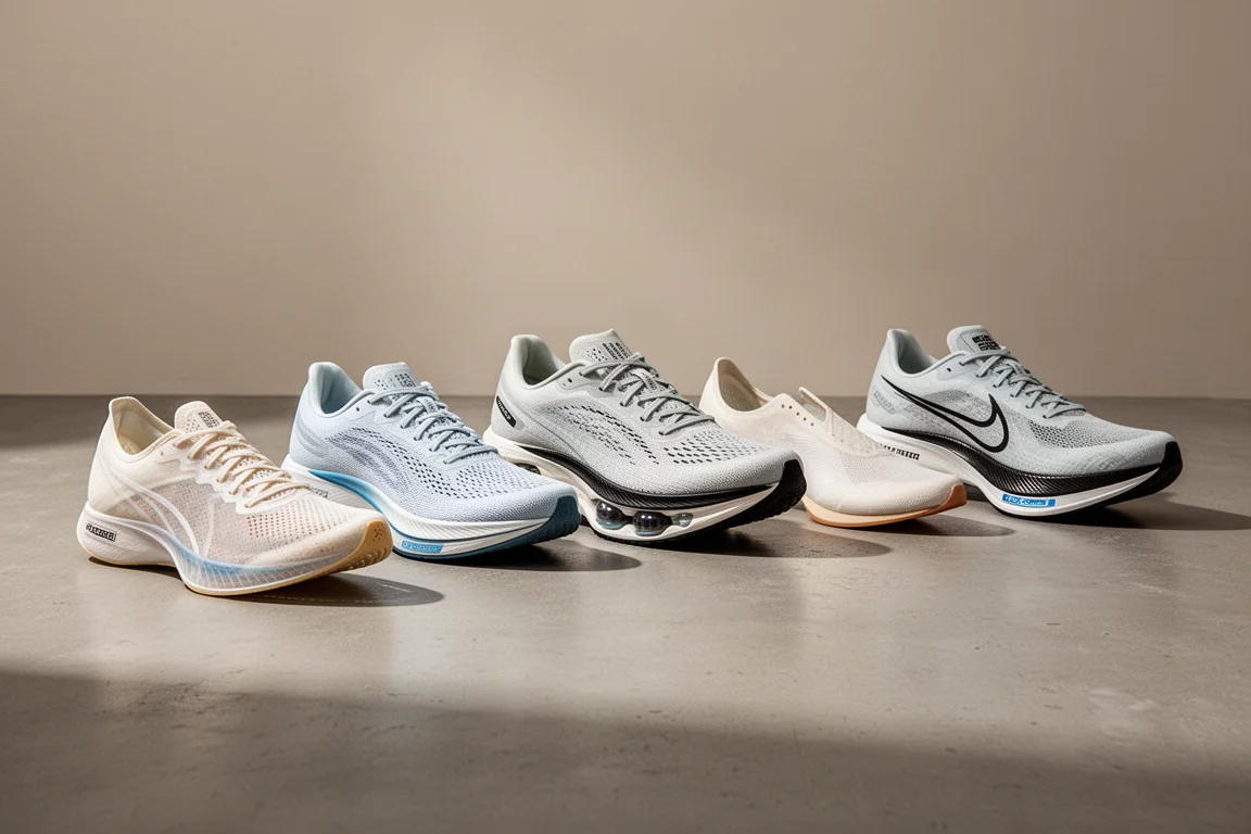Five racing running shoes arranged in a row on a concrete surface