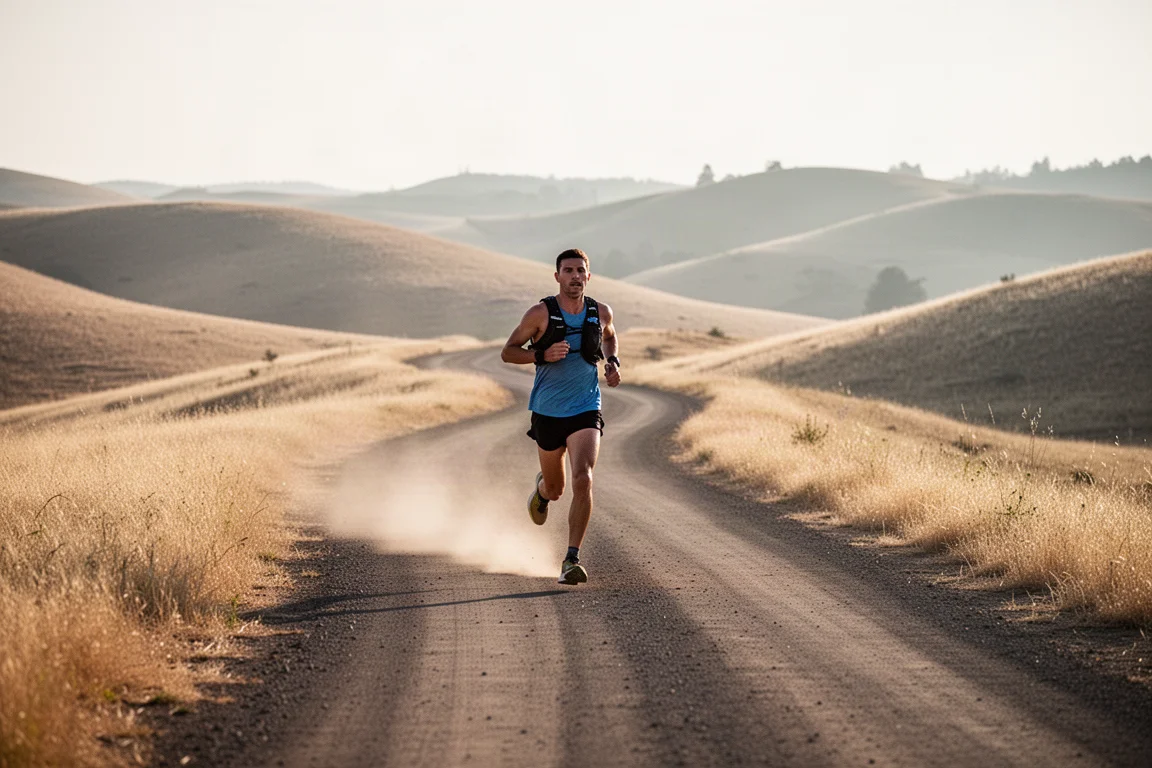 Trail runner moving along a smooth fire road through open hills