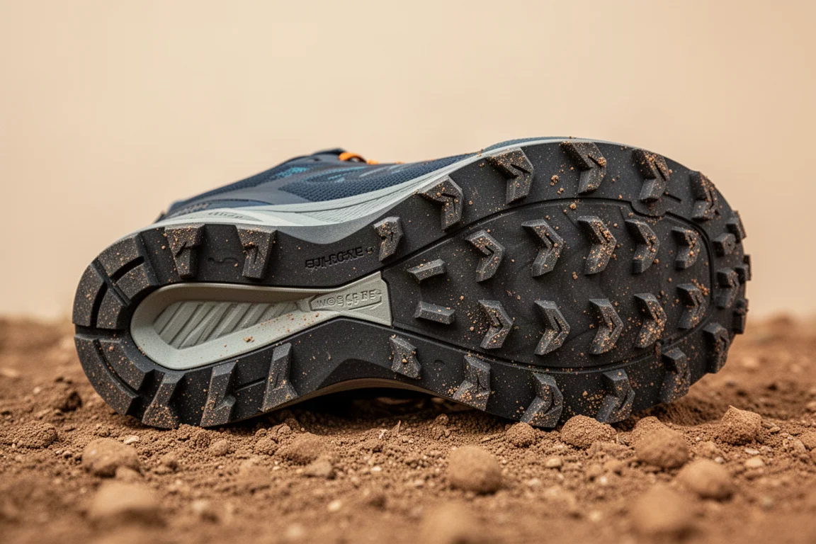 Close-up of low-profile rubber lugs on a trail shoe outsole on packed dirt
