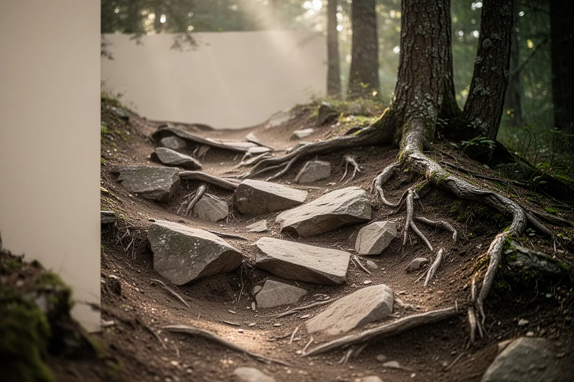 Rocky technical trail section with uneven stone terrain